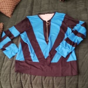 Blue and Black Long Sleeve Top with Zipper Detail